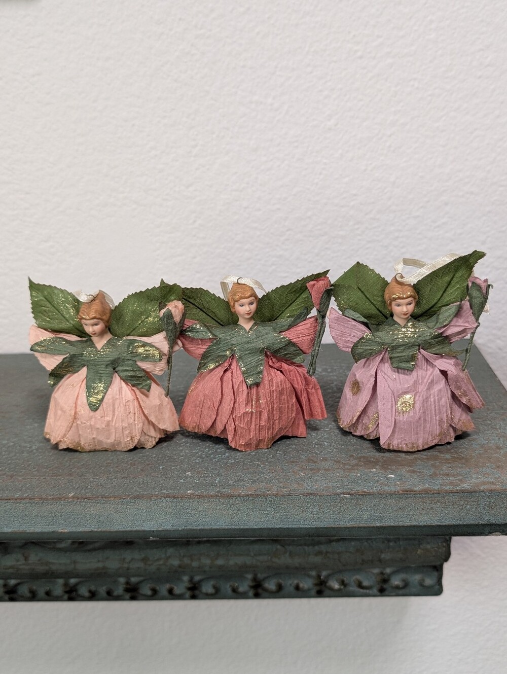 Set of 3 Flower Fairy Doll Ornaments Paper-Crepe Wings Cottagecore Cotton Body